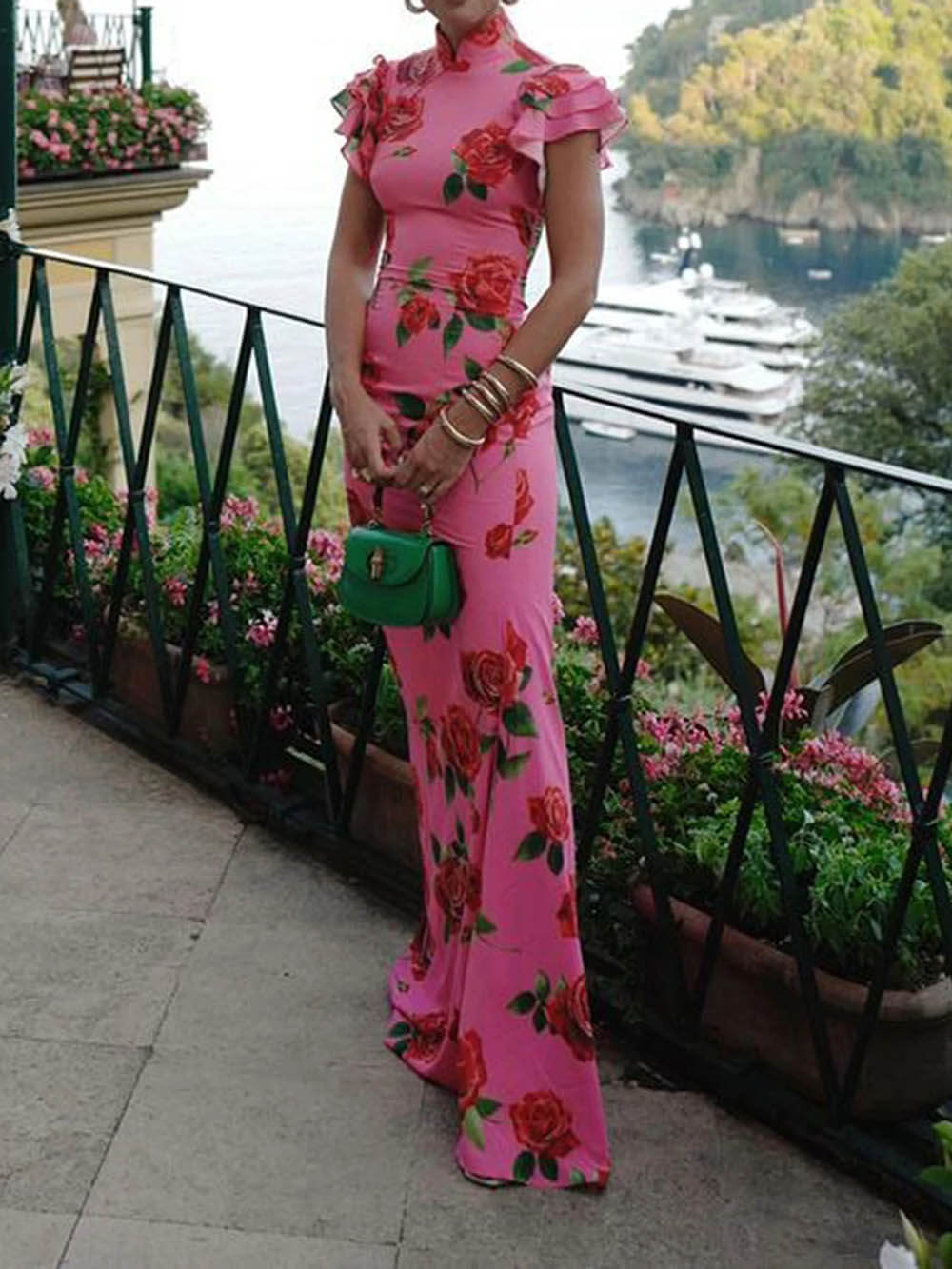 Robe longue extensible à manches évasées et à imprimé floral Cheongsam Rose