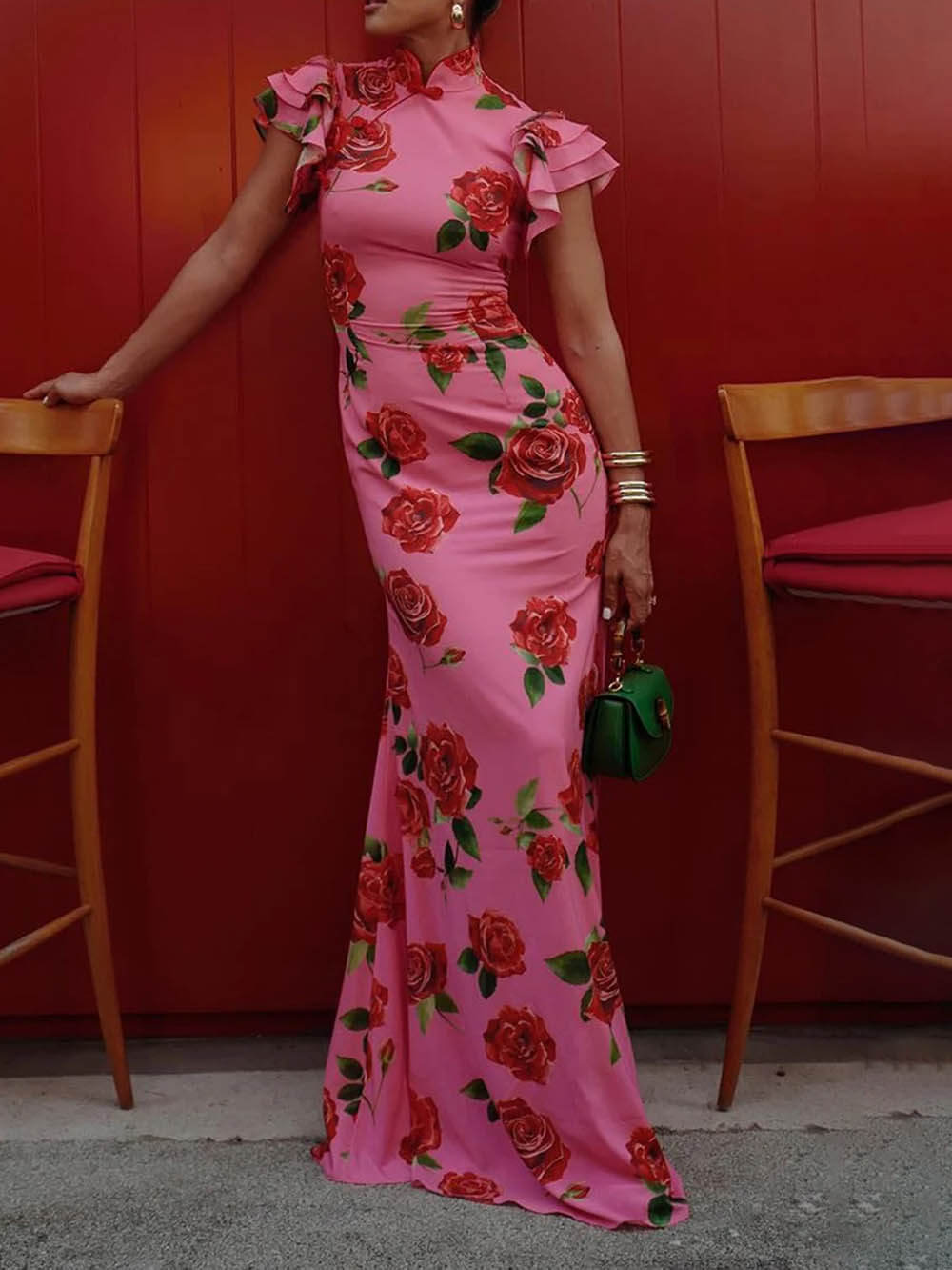 Robe longue extensible à manches évasées et à imprimé floral Cheongsam Rose