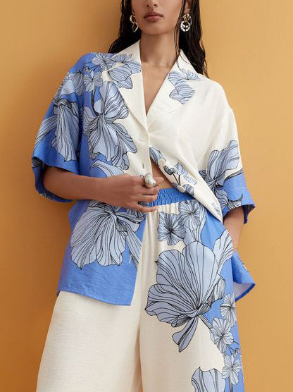 Casual Colorblock Floral Print Short-sleeved Shirt