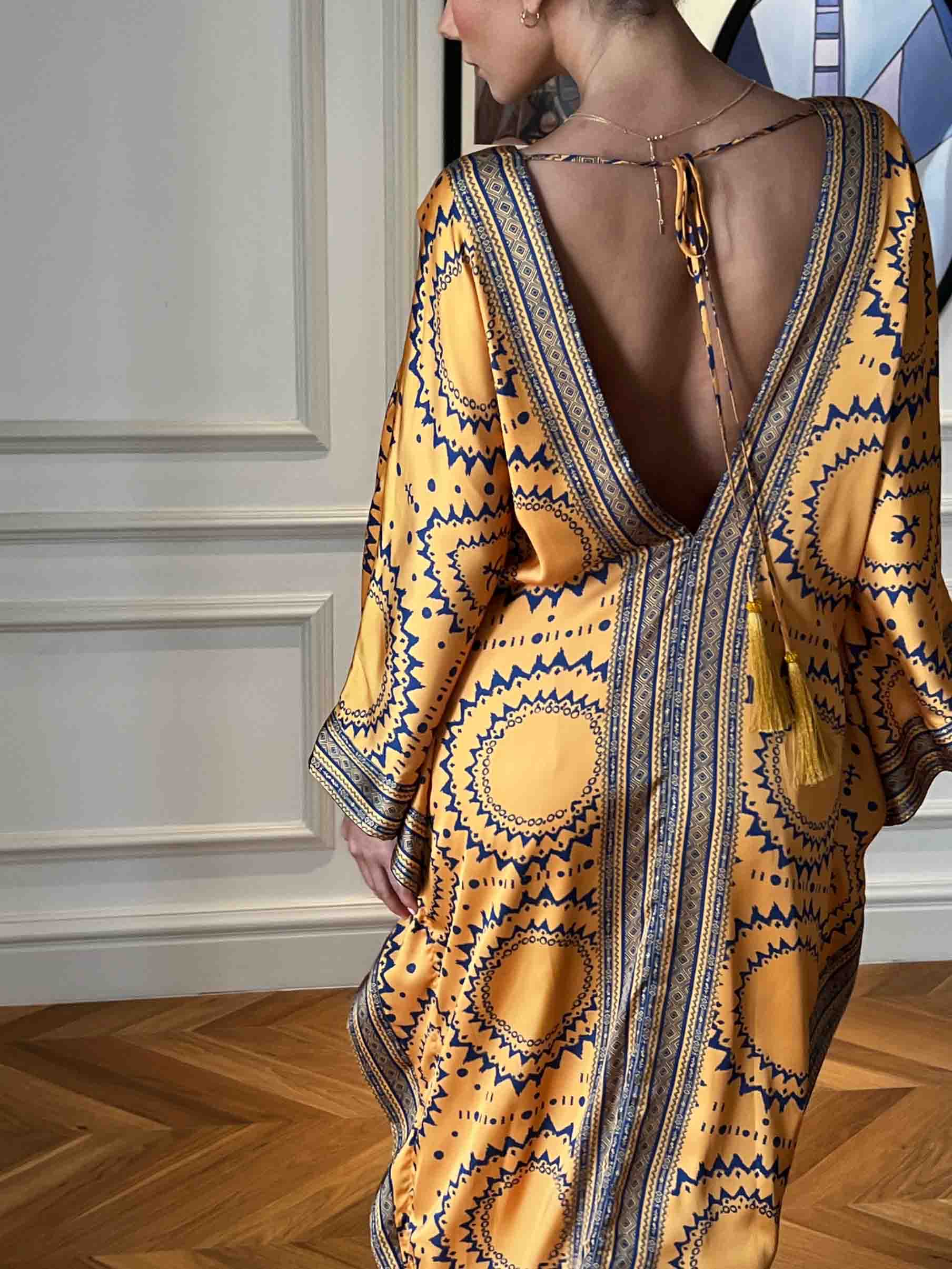 Exquisite Satin Retro Ethnic Style Printed Robe Maxi Dress
