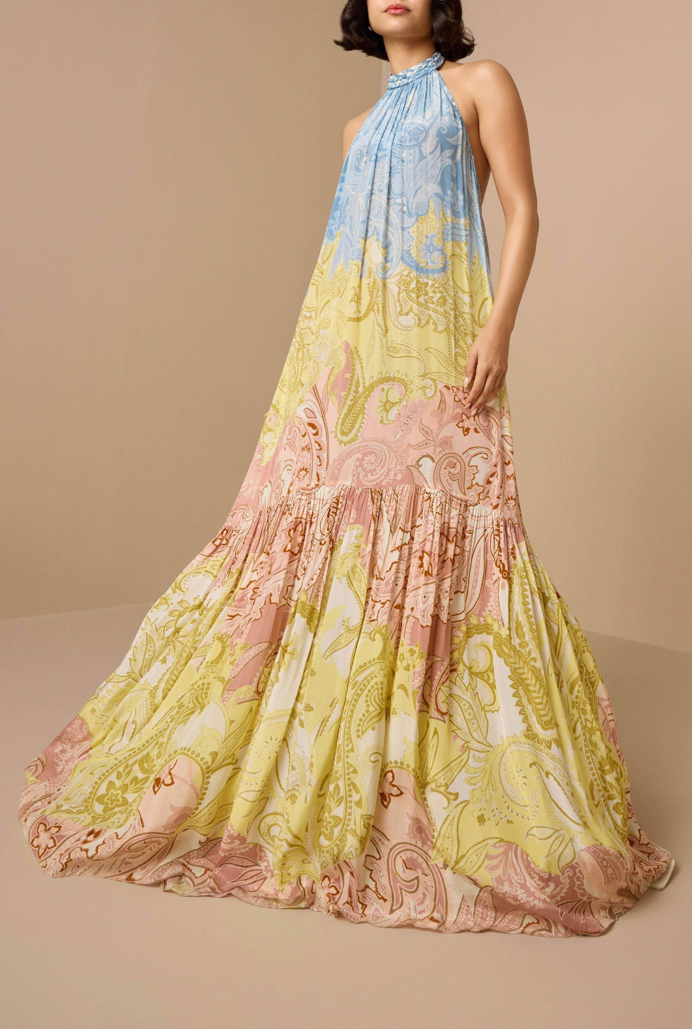 Elegant Paisley Print Braided Halter Maxi Dress