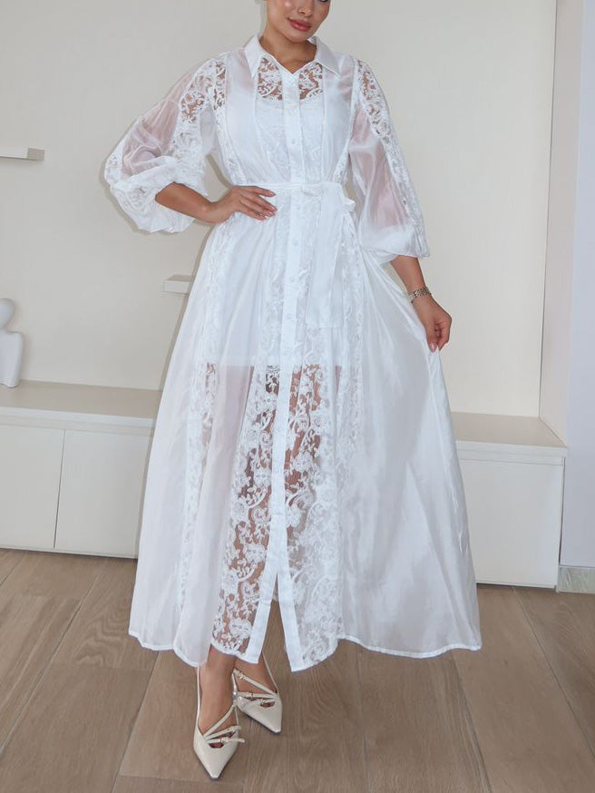 Exquisite Lace Embroidery Lapel Maxi Dress