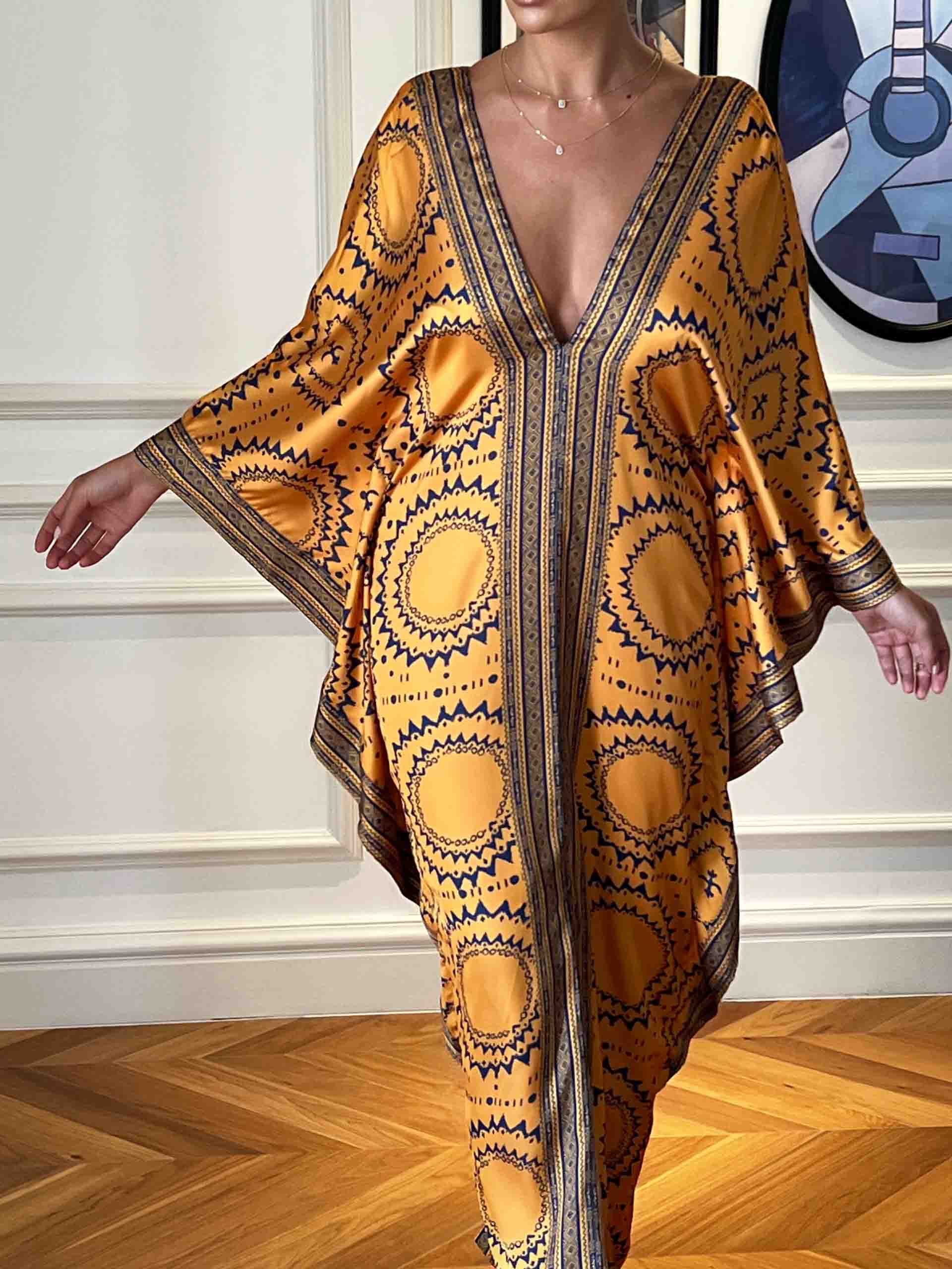 Exquisite Satin Retro Ethnic Style Printed Robe Maxi Dress