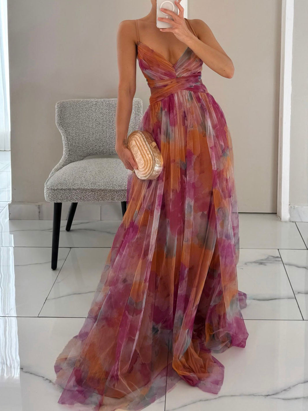 Robe longue trapèze élégante à imprimé floral peint et col en V