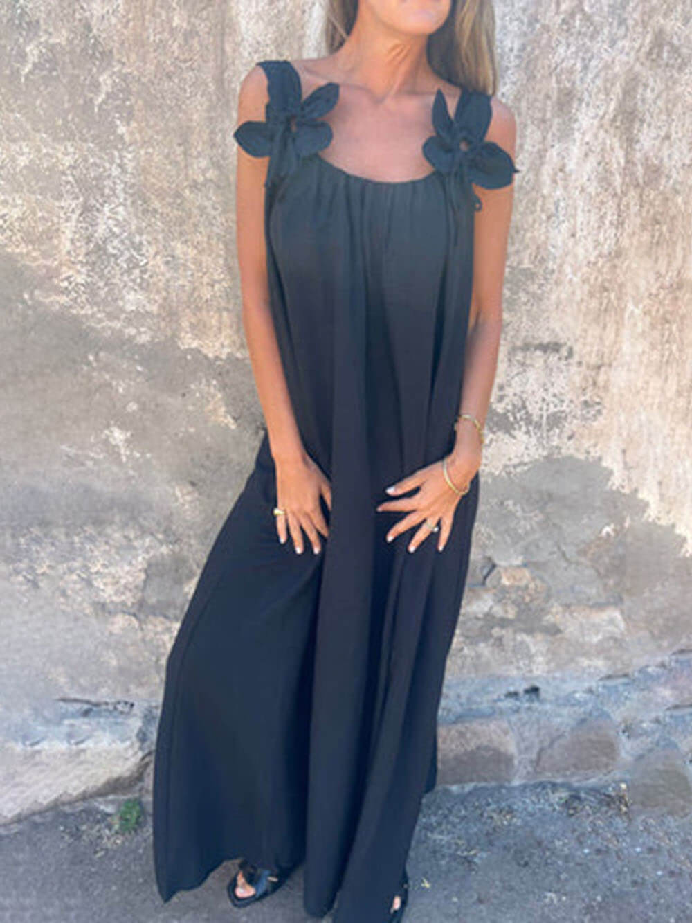 Robe longue ample classique unie à imprimé floral sans manches