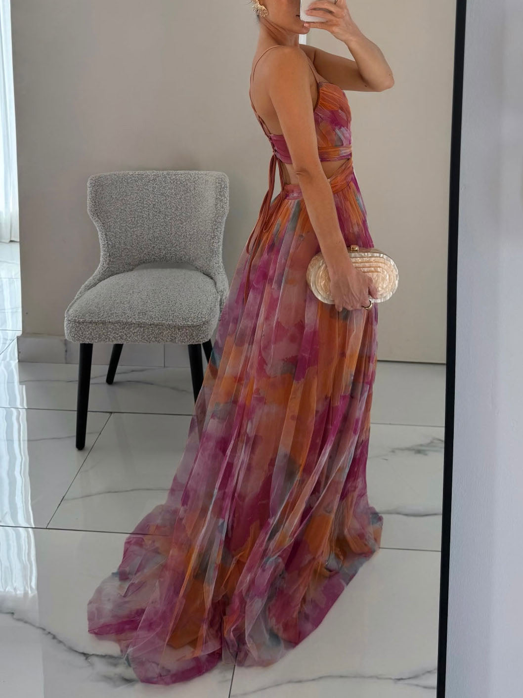 Robe longue trapèze élégante à imprimé floral peint et col en V