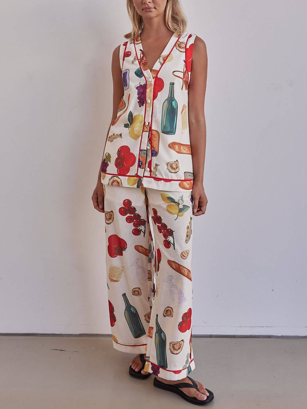 Exclusive Print Contrasting Red Trim High Waist Elastic Pocket Wide Leg Pants