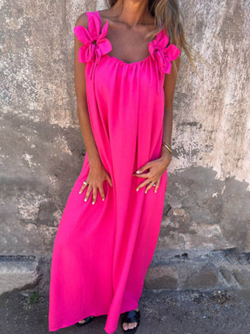Robe longue ample classique unie à imprimé floral sans manches
