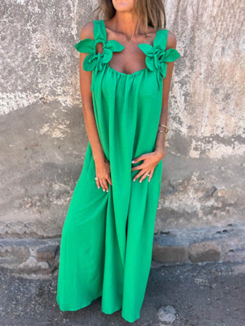 Robe longue ample classique unie à imprimé floral sans manches