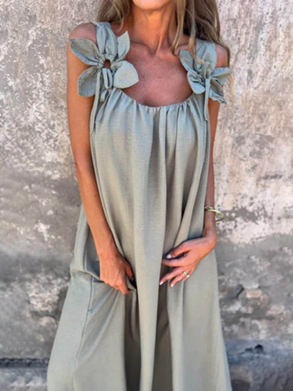 Robe longue ample classique unie à imprimé floral sans manches