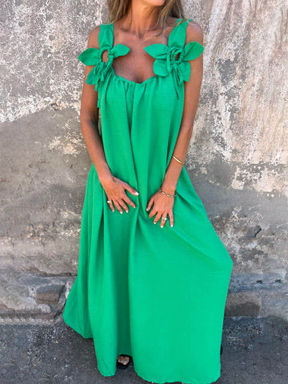 Robe longue ample classique unie à imprimé floral sans manches