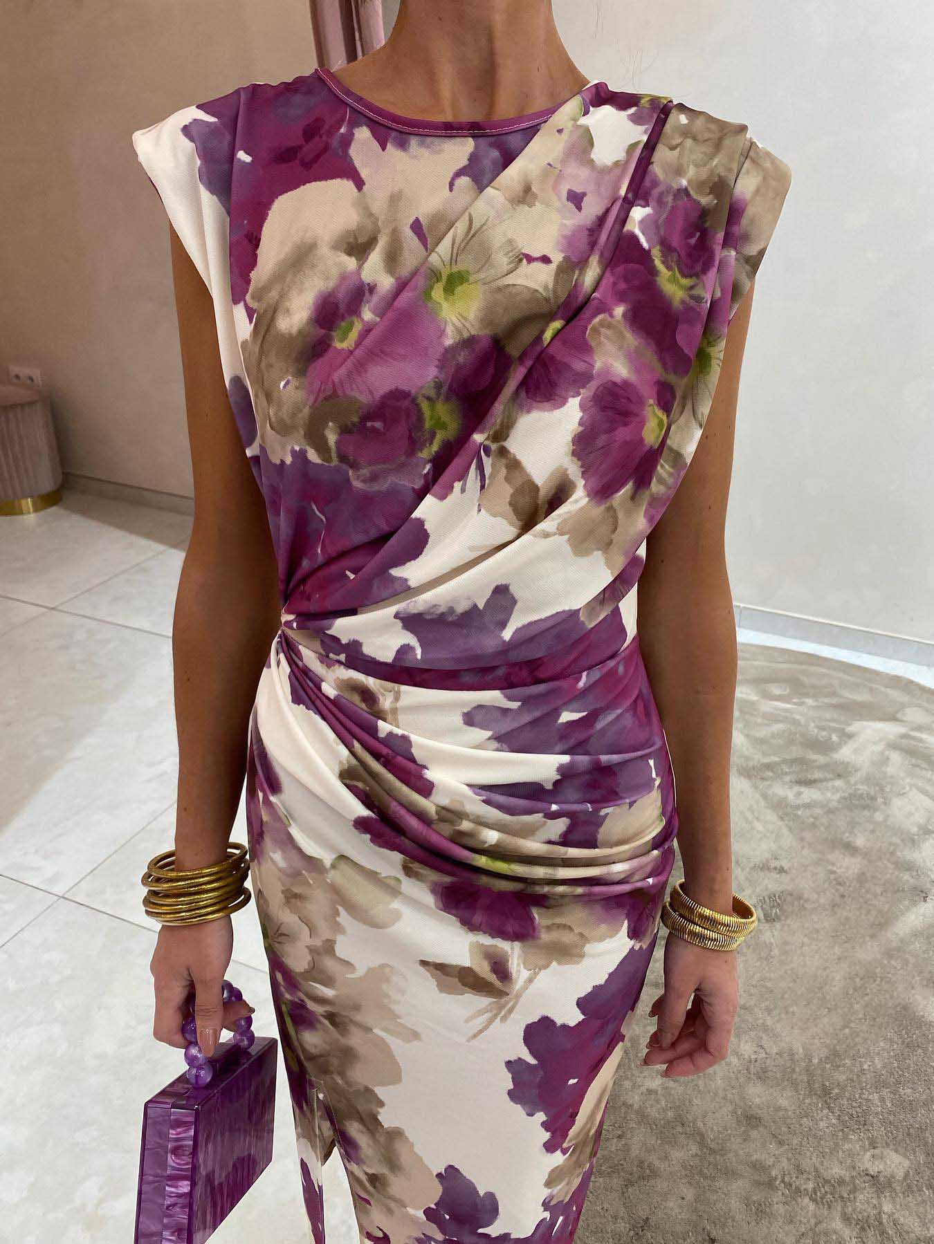 Elegant Pleated Floral Print Midi Dress