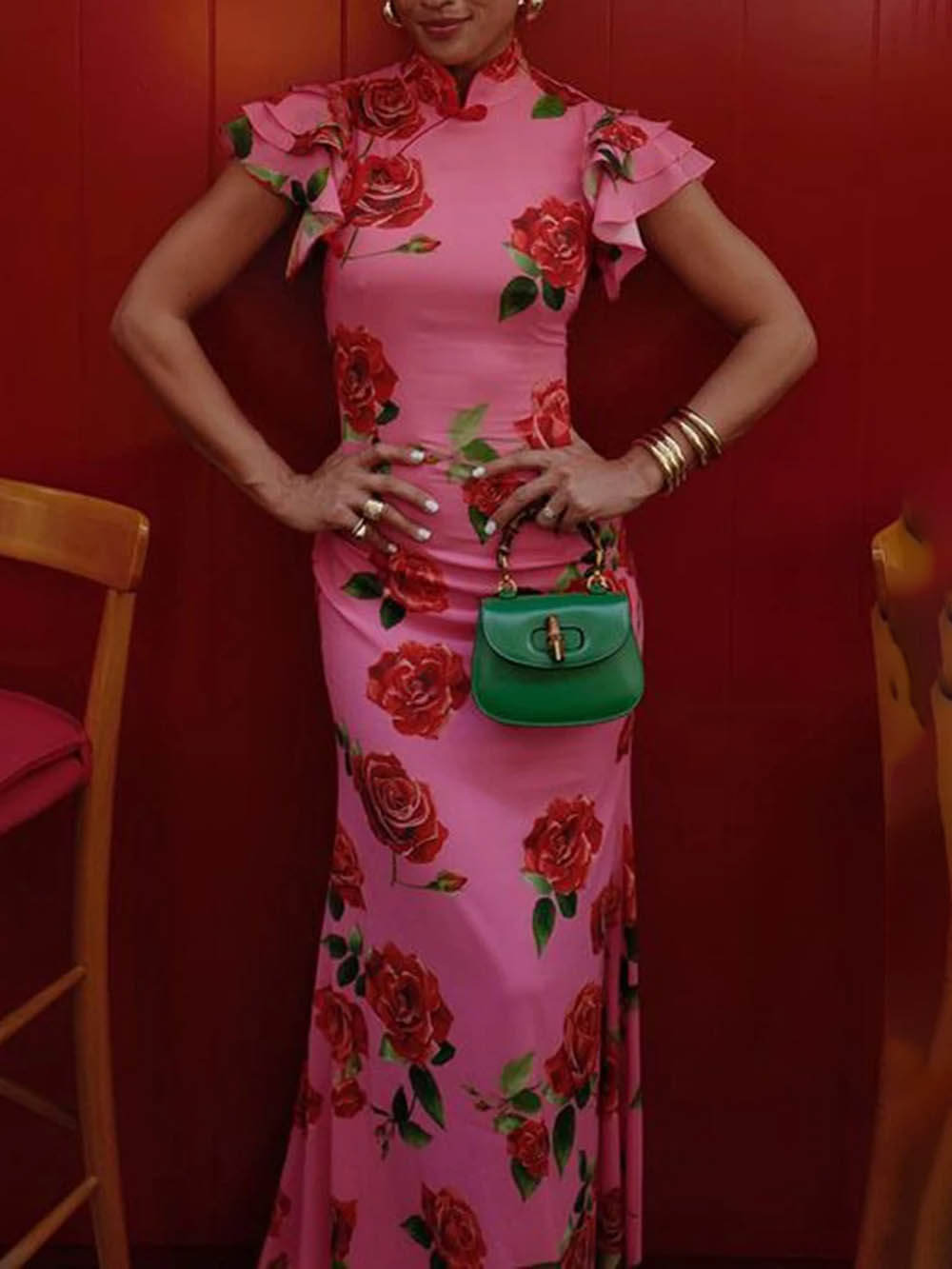 Robe longue extensible à manches évasées et à imprimé floral Cheongsam Rose