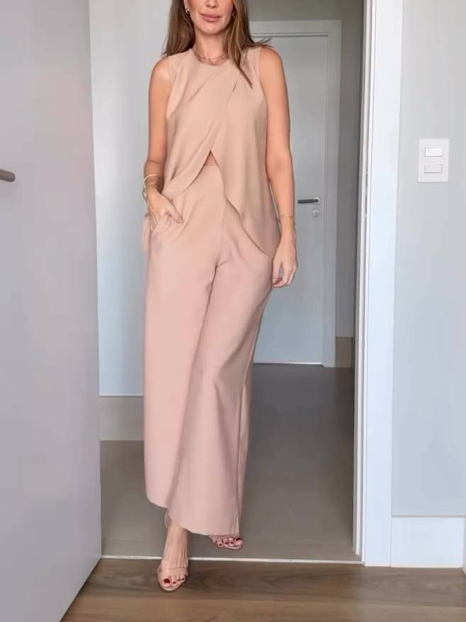 Slit Vest And Wide Leg Pants Suit