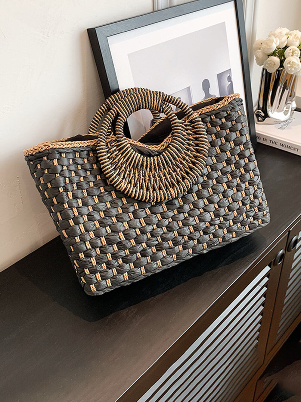 Bolso de paja hecho a mano para playa y vacaciones de moda