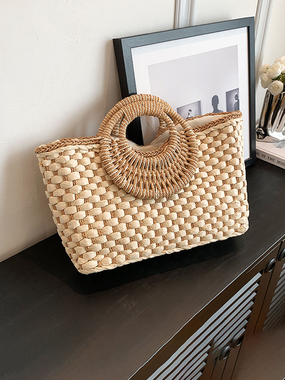 Bolso de paja hecho a mano para playa y vacaciones de moda