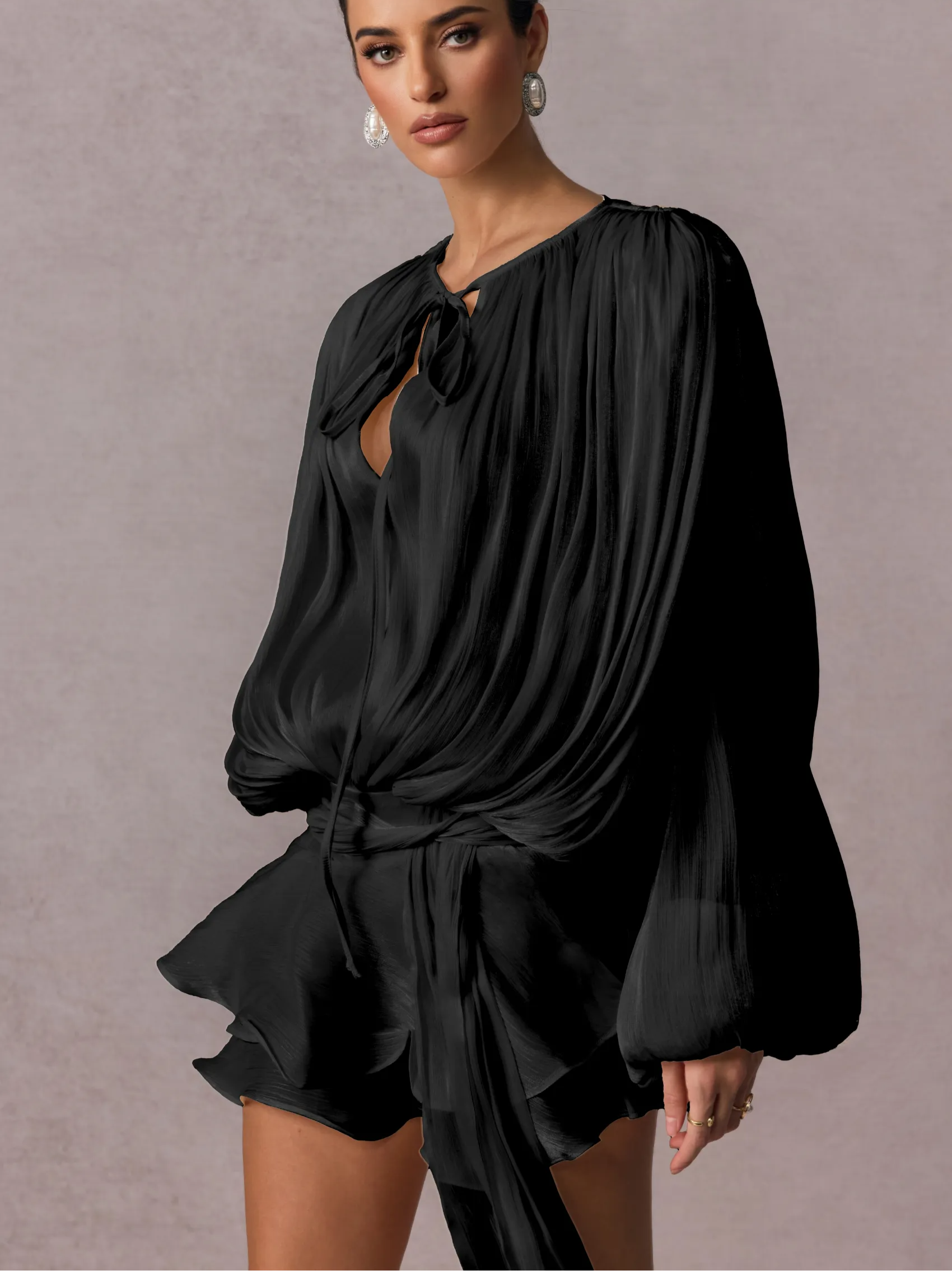 Ruffled Long Sleeved Mini Dress With Flowing Silhouette