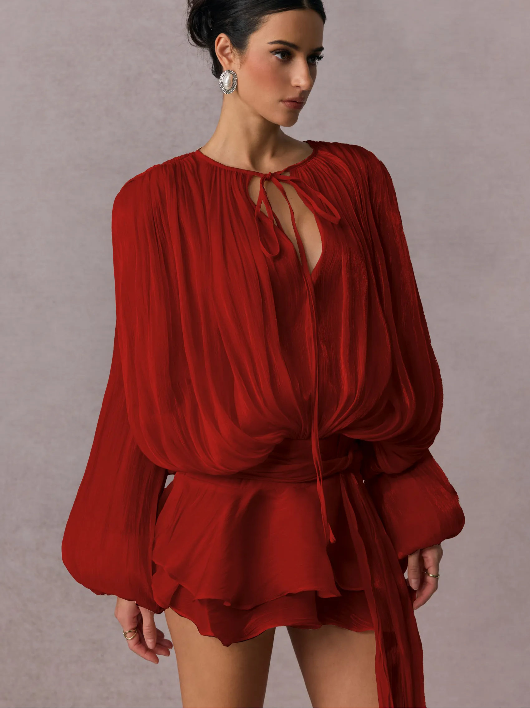 Ruffled Long Sleeved Mini Dress With Flowing Silhouette