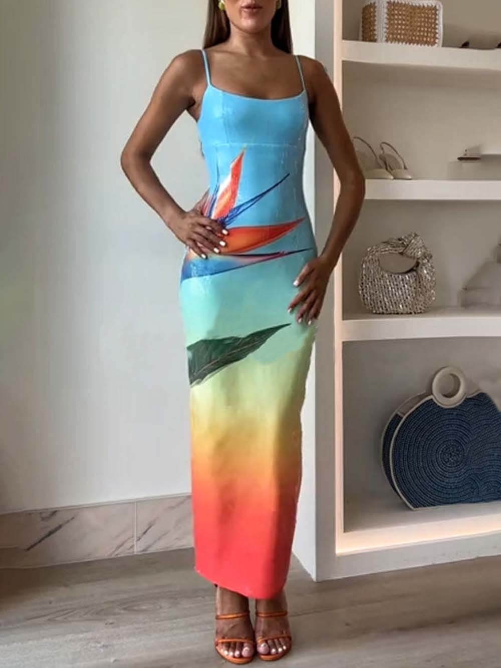 Robe longue extensible fendue à imprimé floral dégradé et sequins
