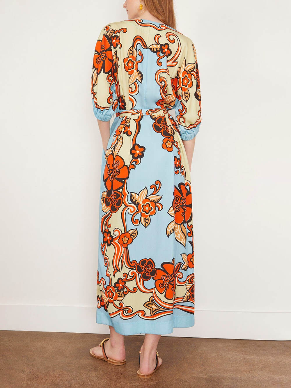 Fashionable Satin Unique Sky Color Print Loose Lace Maxi Dress