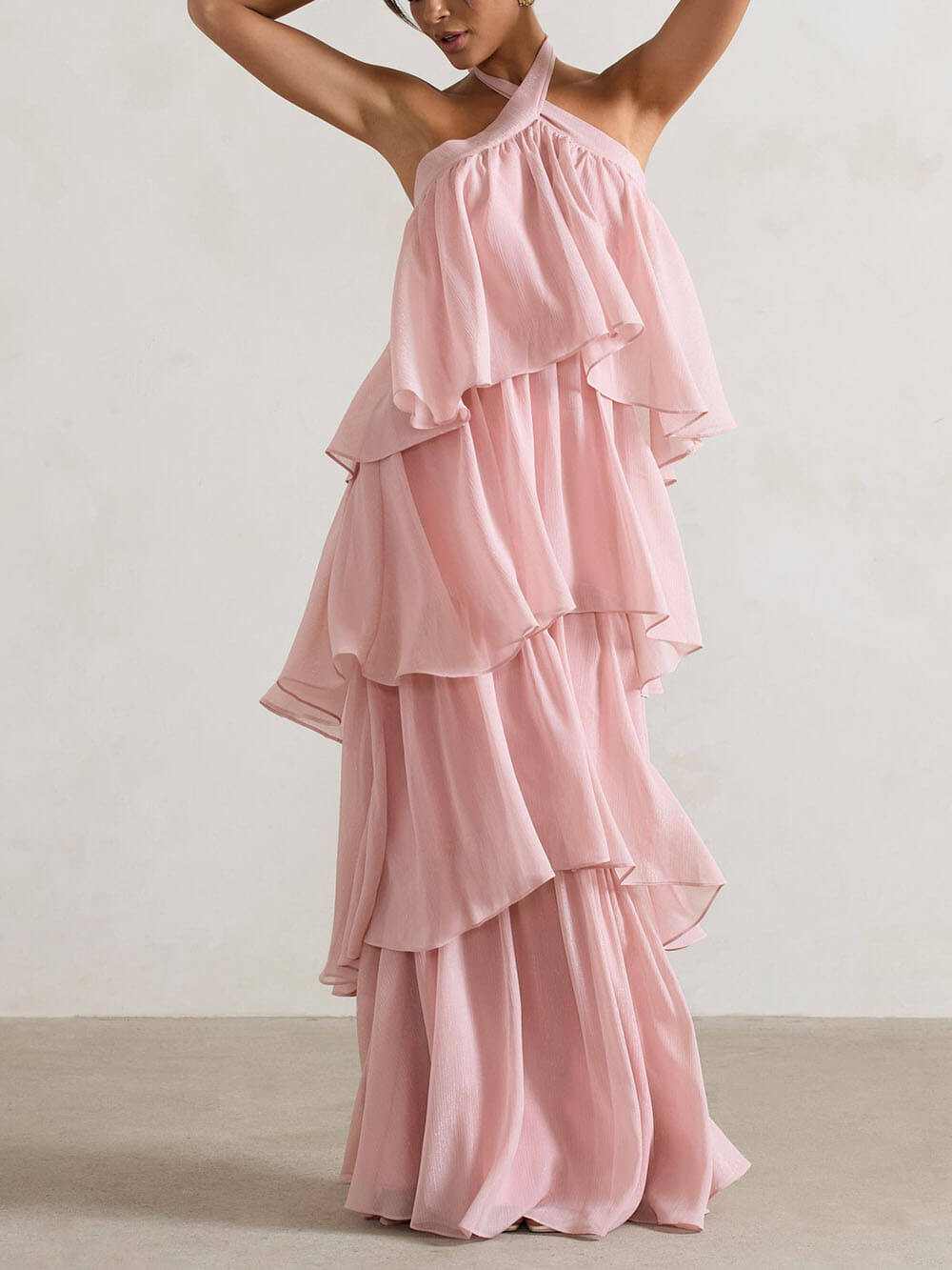 Refinement Light Pink Halter-Neck Ruffle Maxi Dress