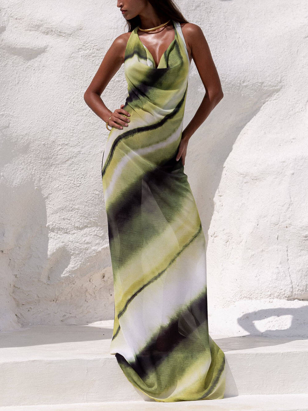 Robe longue de vacances classique à imprimé dégradé tie-dye, col bénitier, licou et lien à nouer