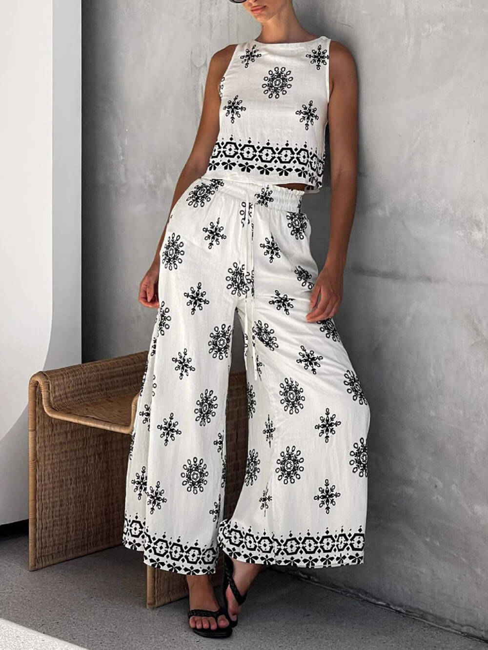 Ensemble gilet et pantalon large en lin imprimé unique, tendance et décontracté