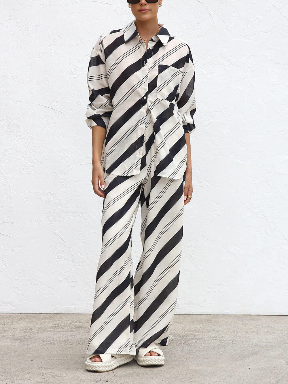 Classic Style Unique Striped Print Elastic Loose Pocket Wide-Leg Pants