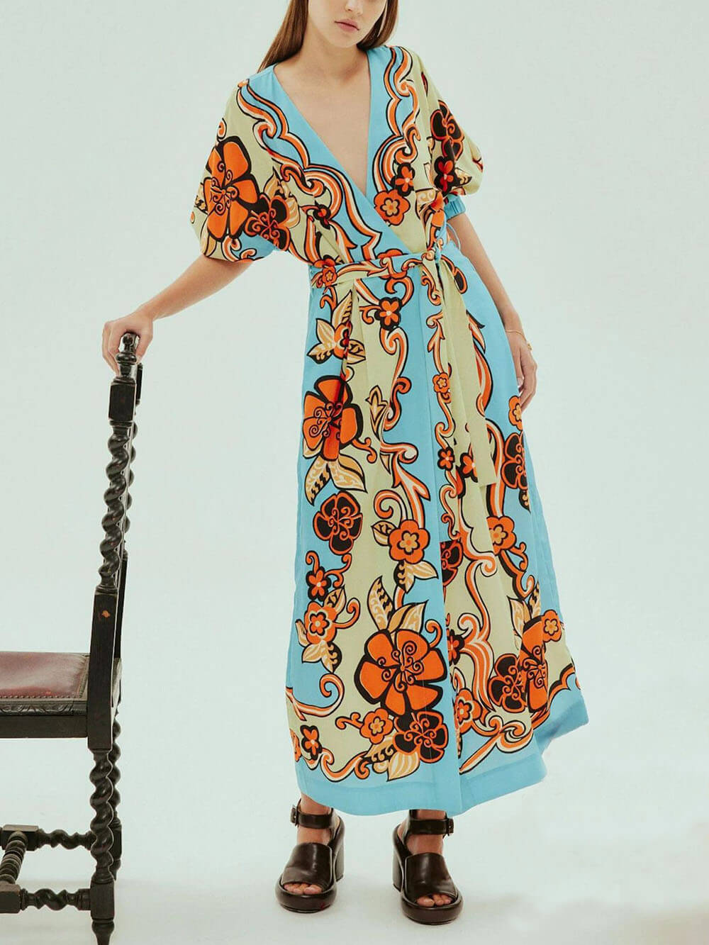 Fashionable Satin Unique Sky Color Print Loose Lace Maxi Dress