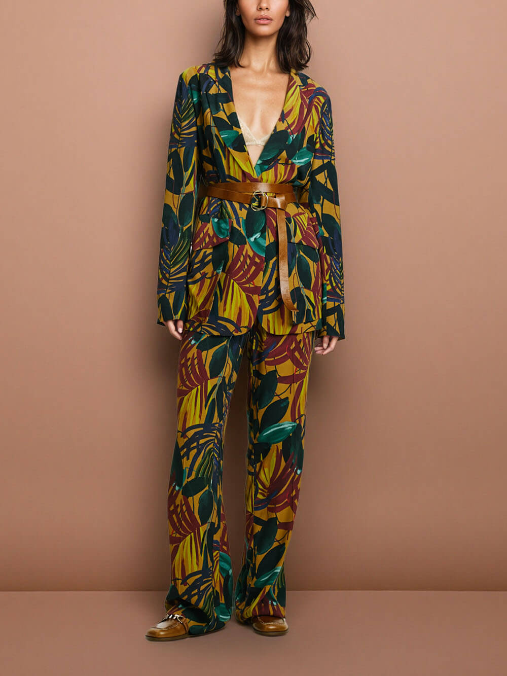 Retro Unique Colorful Palm Leaf Oil Painting Print Zippered Pocket Straight Pants