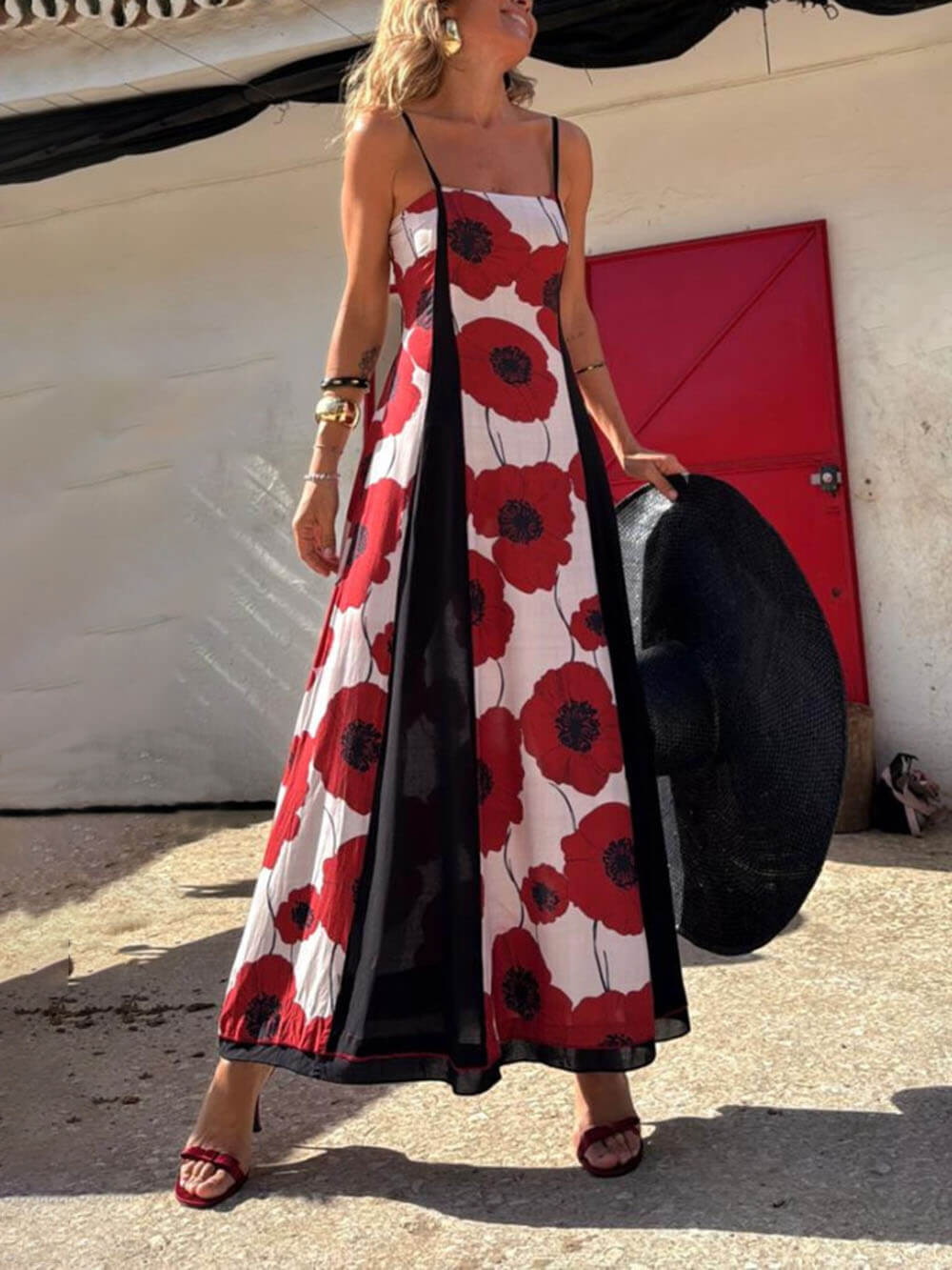 Vestido largo de patchwork con estampado único de amapolas