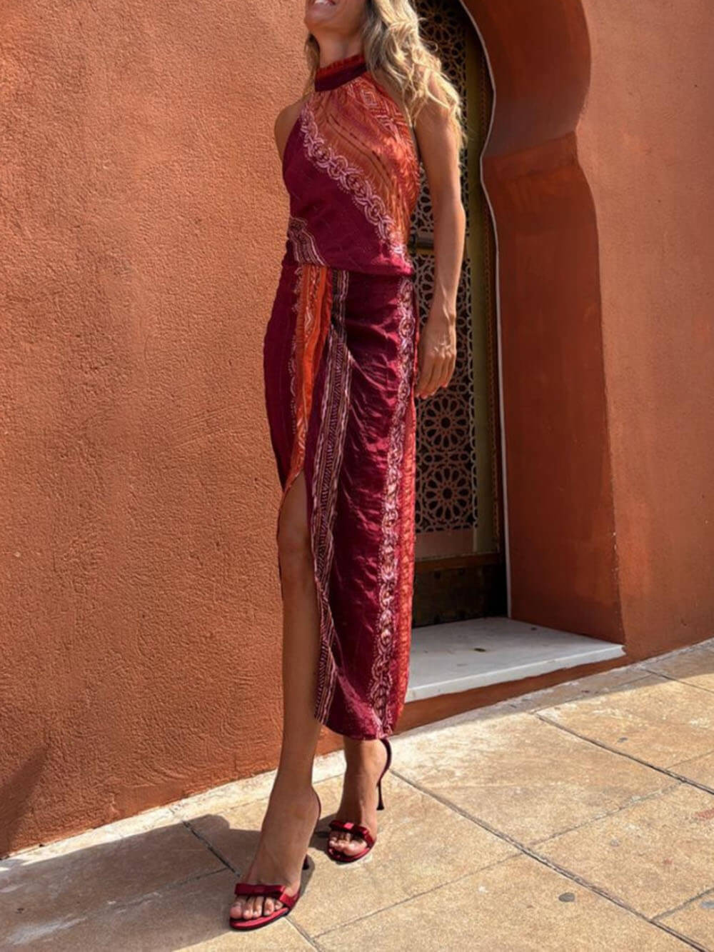 Unique Pattern Print Open Back Pleated Lace-Up Vest Top Slit Elastic Skirt Set