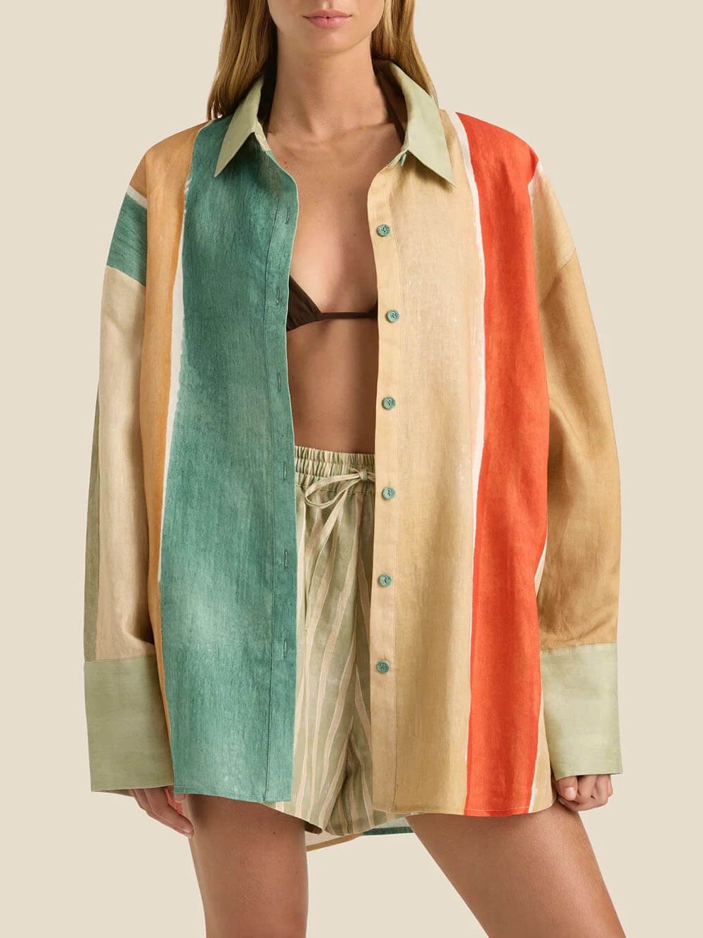 Classic Unique Linen Wide Stripe Print Long Sleeve Button Down Oversized Shirt