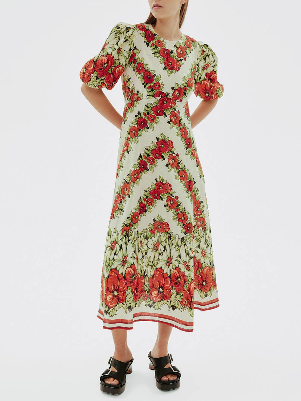 Classic Modern Floral Print Puff Sleeve A-Line Midi Dress
