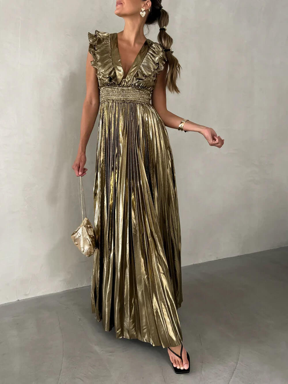 Unique Pleated Ruffled Open Back Tie Waist Maxi Dress