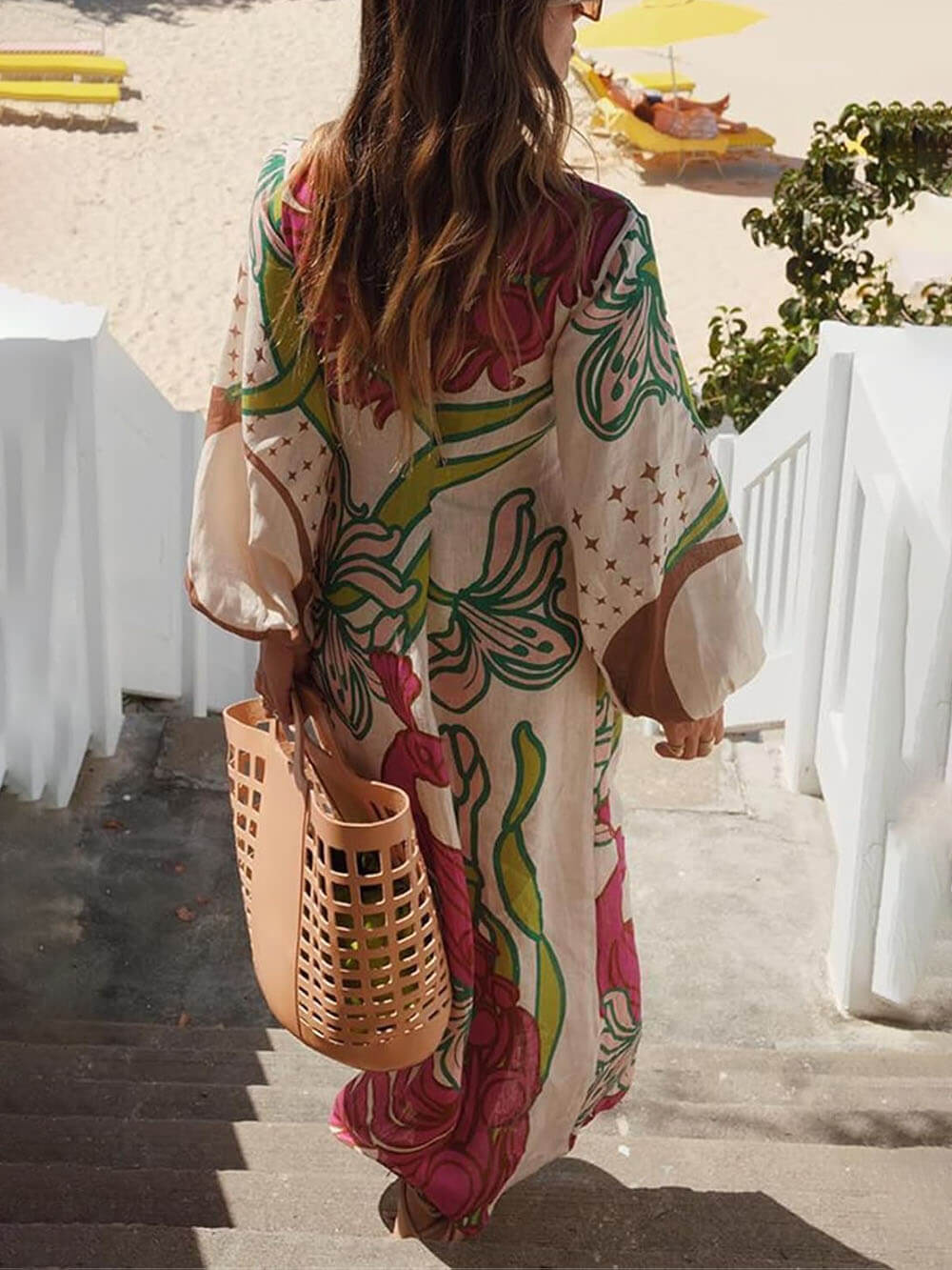 Robe longue tunique élégante en mélange de lin, imprimé unique, manches ballon, nouée
