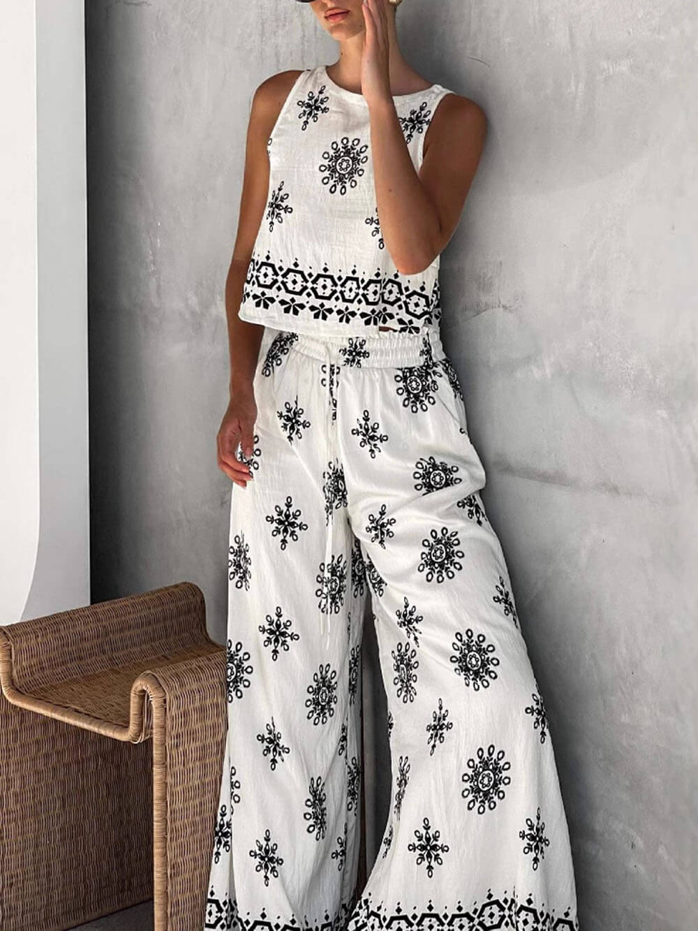 Ensemble gilet et pantalon large en lin imprimé unique, tendance et décontracté