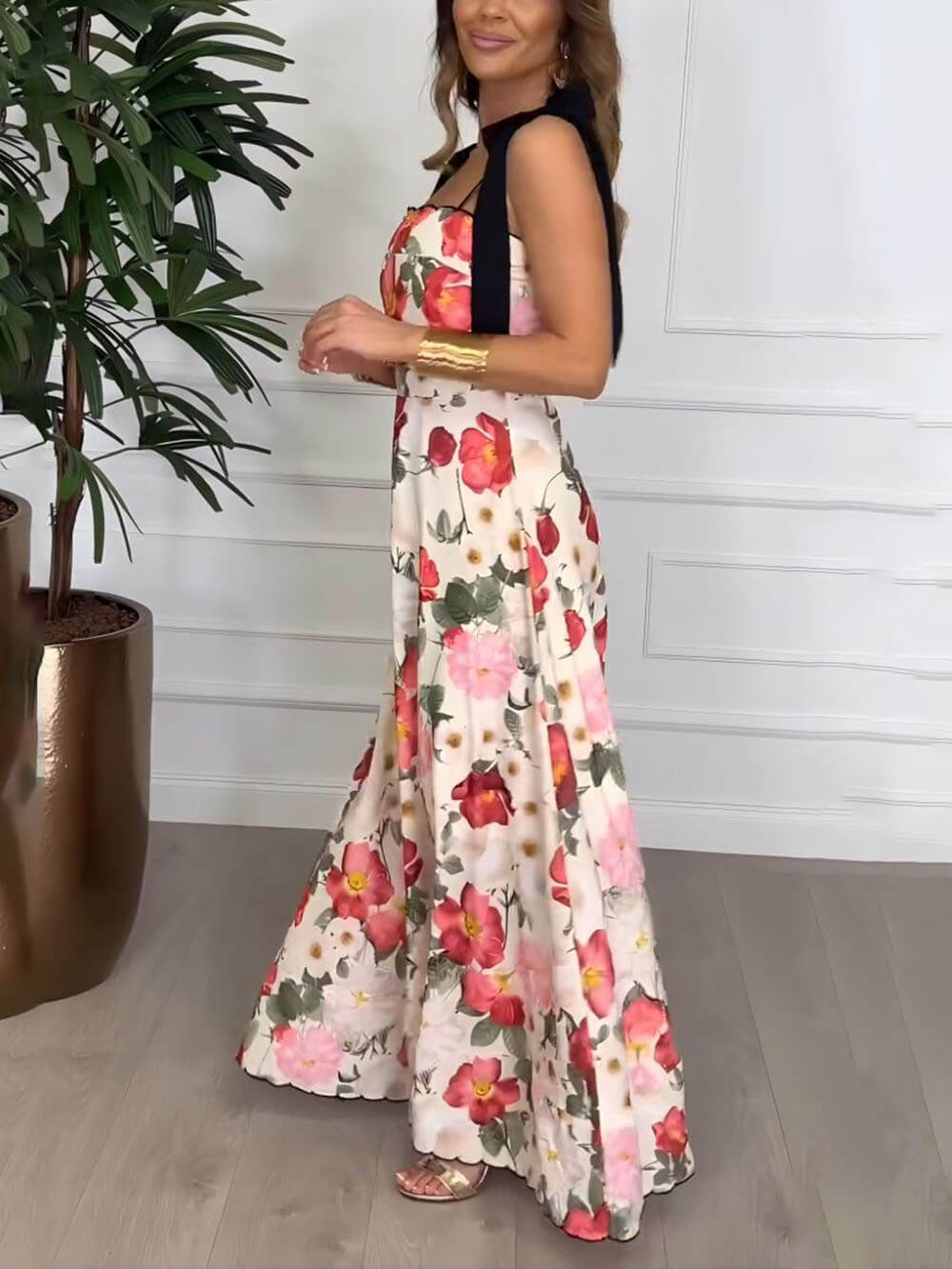 Elegant Floral Print Suspender Strap Maxi Dress