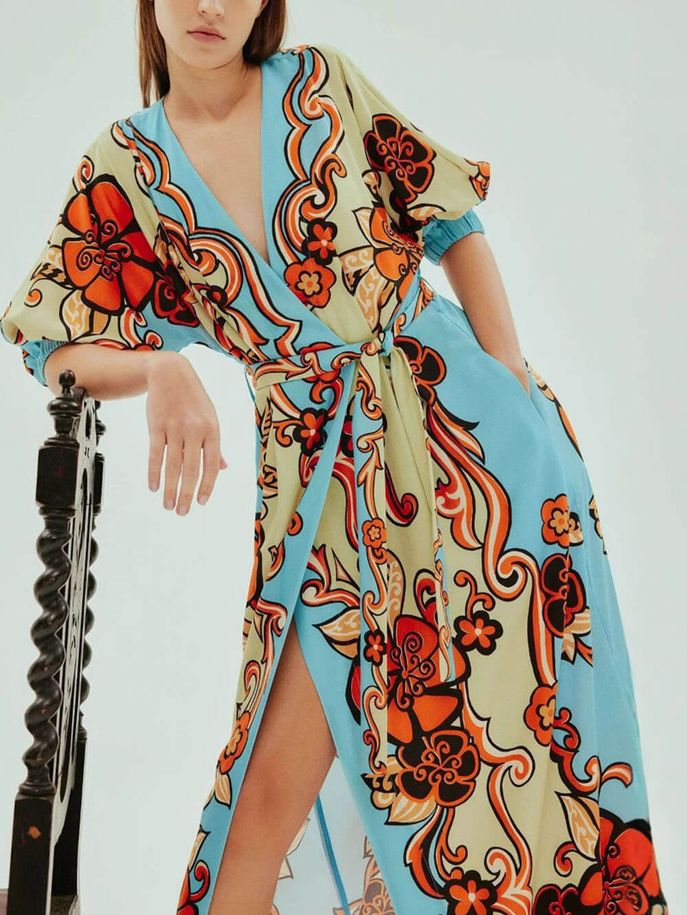 Fashionable Satin Unique Sky Color Print Loose Lace Maxi Dress