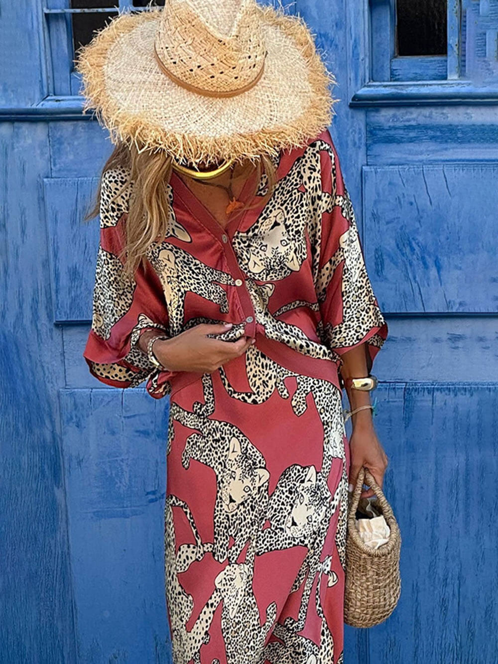 Jupe longue taille haute élastique en satin à imprimé tigre Abbie, moderne et unique