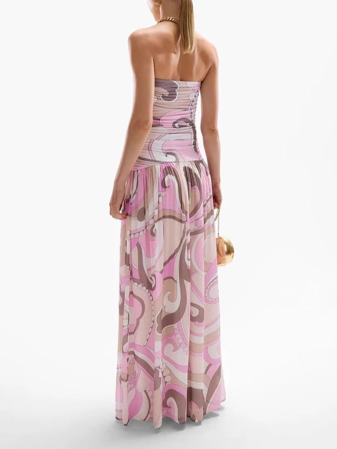 Moachic Elegant Swirl Vintage Print Drop Waist Maxi Dress