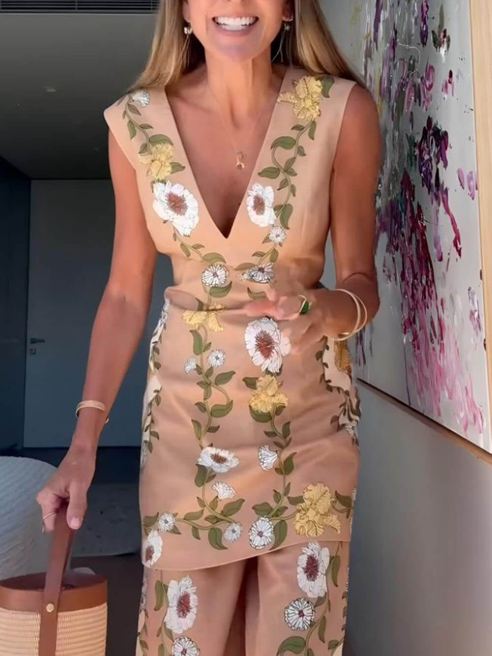 Pantalon évasé à taille élastique et motif floral en mélange de lin chic et parfait
