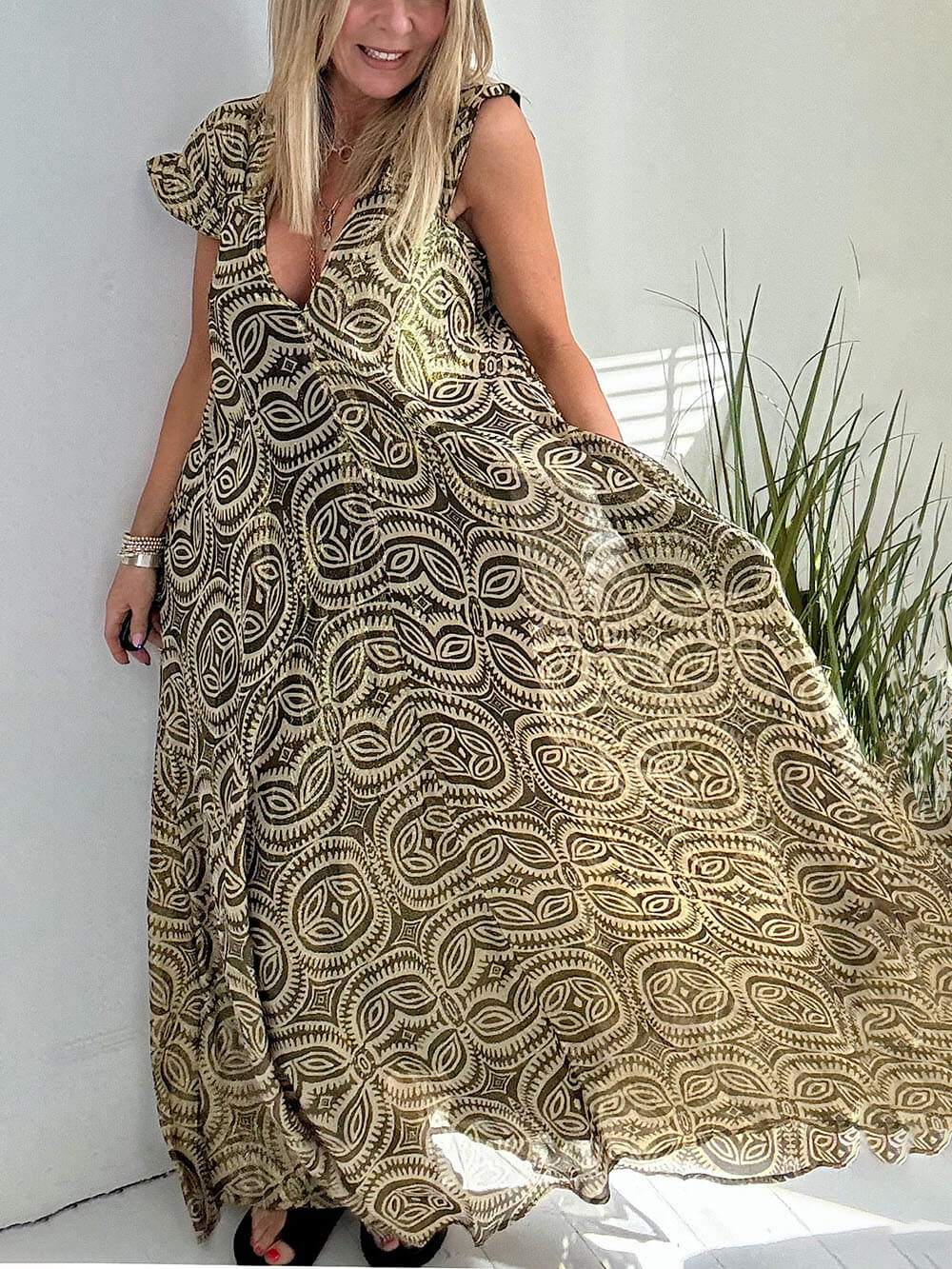 Flowy Unique Metallic Print Deep V Pocket Maxi Dress