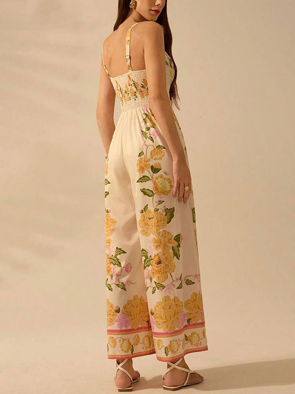 Bohemian Style Plant Print Casual Sling Holiday Loose Jumpsuit