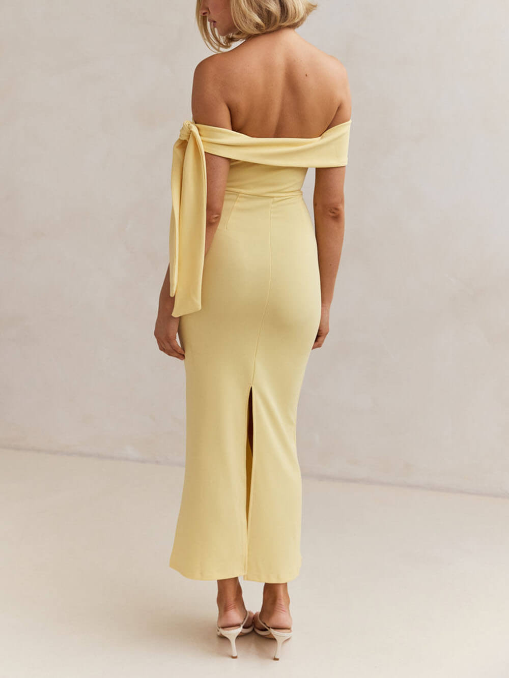 Exquisite Party Side Tie Off-The-Shoulder Back Slit Maxi Dress