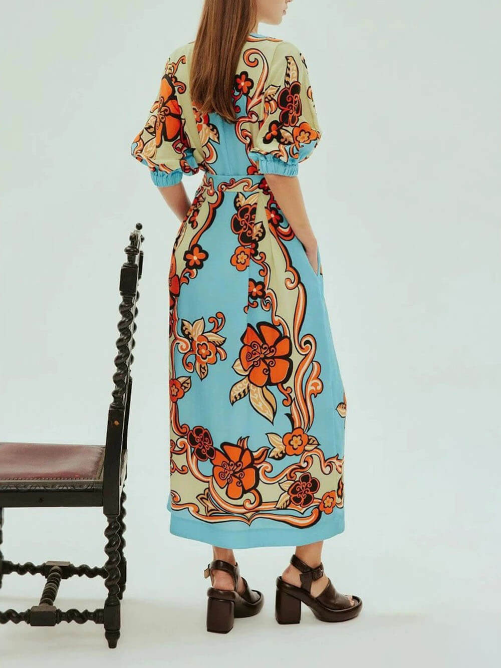 Fashionable Satin Unique Sky Color Print Loose Lace Maxi Dress