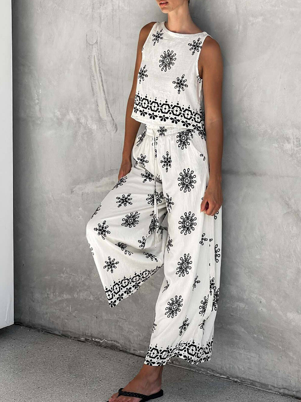 Ensemble gilet et pantalon large en lin imprimé unique, tendance et décontracté