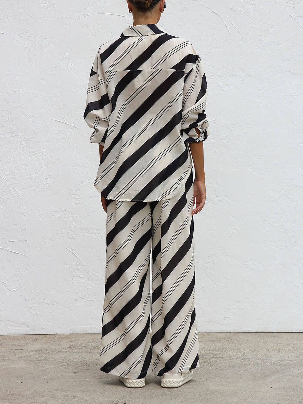Classic Style Unique Striped Print Elastic Loose Pocket Wide-Leg Pants
