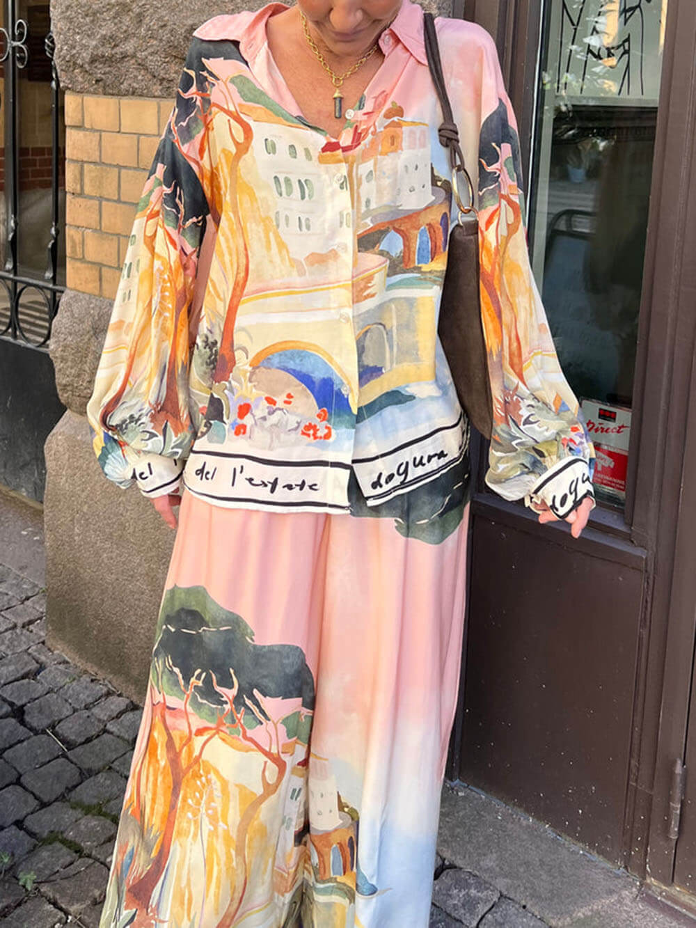 Unique Satin Landscape Print Loose Elastic Waist Pocket Wide Leg Pants