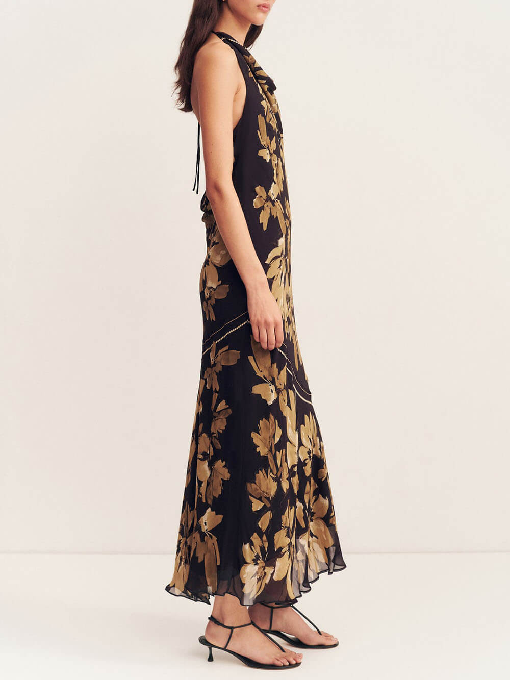 Delicate Floral Print Open Back Bleached Tie Maxi Dress
